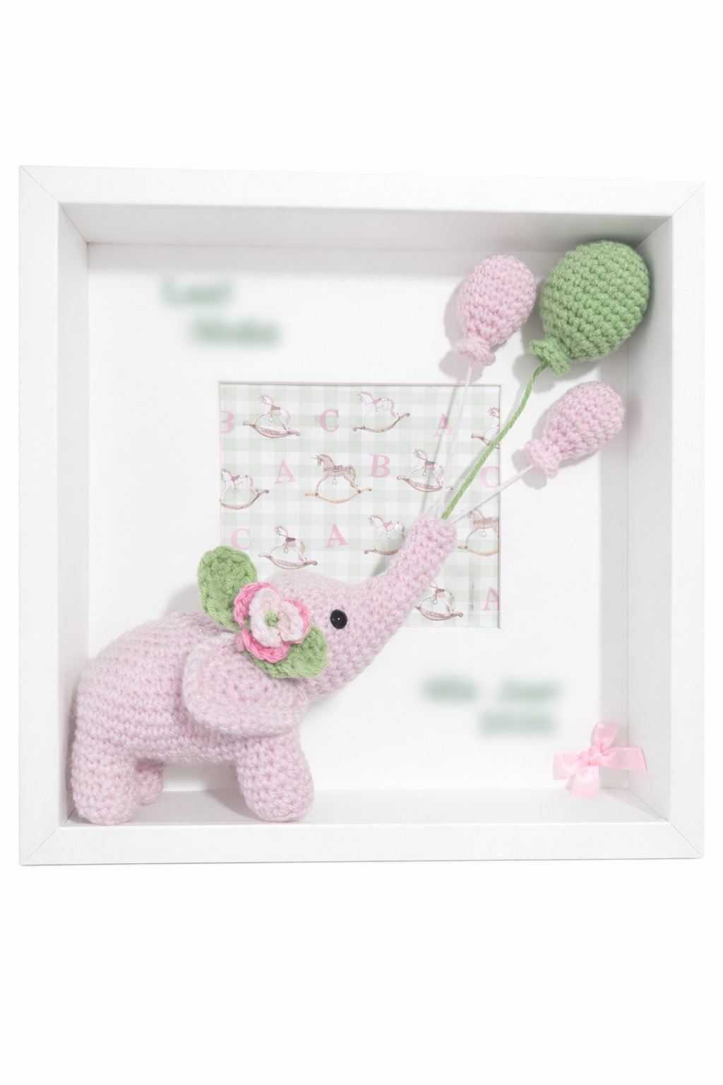 Pink elephant with balloons personalised frame