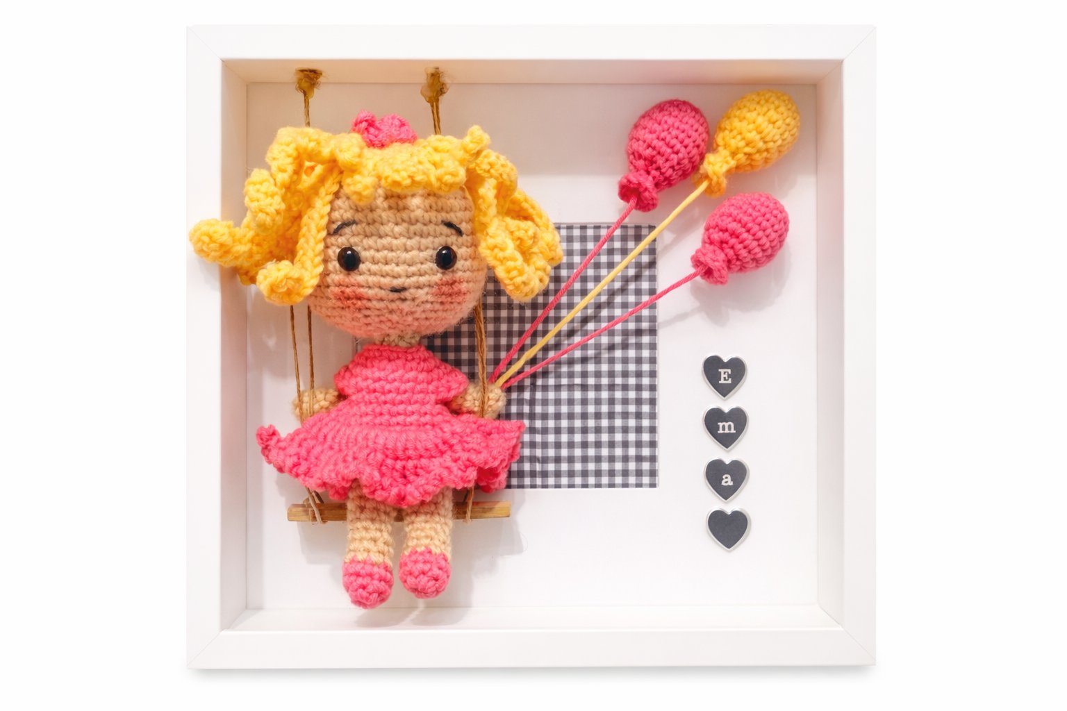 Emma blonde girl on swing crochet frame